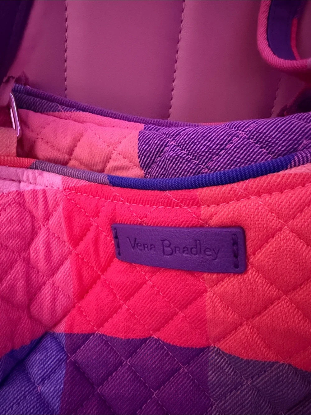 Vera Bradley Rainbow Plaid Quilted Tote in Pink, Blue, Purple